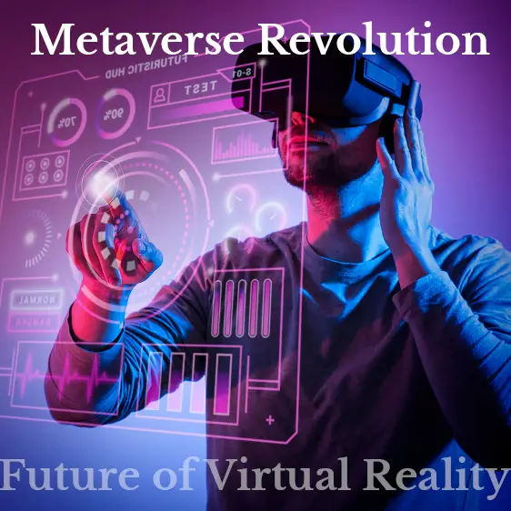 An illustration depicting a diverse group of people interacting in a virtual environment, wearing VR headsets and engaging in various activities. Digital landscapes and virtual elements surround them, symbolizing the immersive nature of the metaverse.